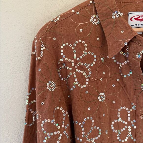 Roper Sequin Daisy Floral Brown Country Western Button Down Shirt Sparkle Size L - Picture 2 of 10